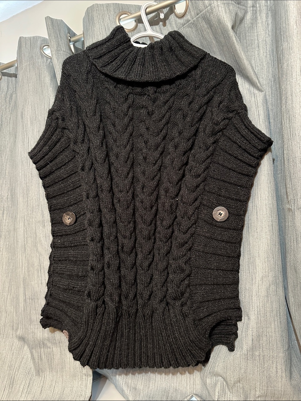 Black Cable-Knit Turtleneck Poncho with Button Accents - Women